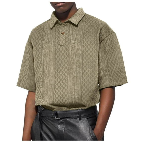 ZCFZJW Mens Casual Half Button Down T-Shirts Trendy Solid Color Texture Knitted Lapel Collared Short Sleeve Athletic Workout Tees Tops Khaki L