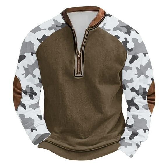 ZCFZJW Mens Casual Half Zip up Athletic Sweatshirts Vintage Camo Patchwork Long Sleeve V Neck Graphic T-Shirts Loose Lightweight Comfy Pullvoer Tops XXL