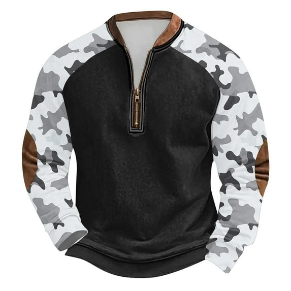 ZCFZJW Mens Casual Half Zip up Athletic Sweatshirts Vintage Camo Patchwork Long Sleeve V Neck Graphic T-Shirts Loose Lightweight Comfy Pullvoer Tops XXXXL
