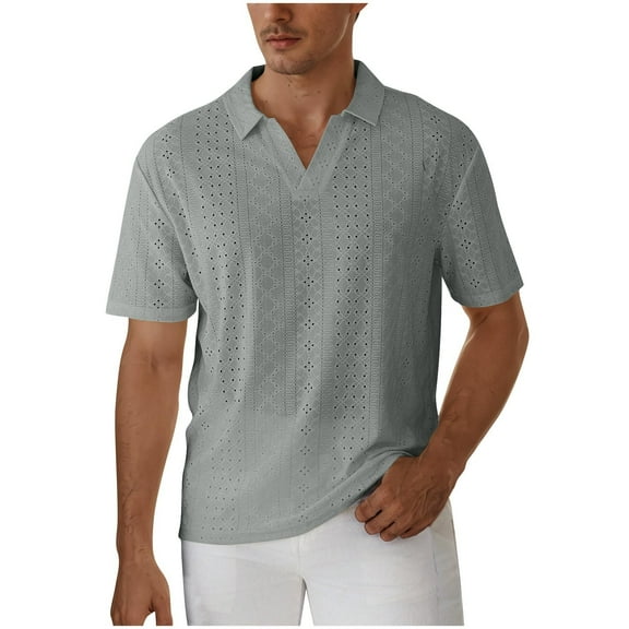 ZCFZJW Mens Casual Heney Shirts Lightweight Summer Cool Eyelet Crochet Hollow out Short Sleeve V Neck Beach Vacation Collared Tees Tops Gray M