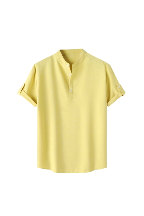 Mens Casual Henley Shirts Trendy Button up Short Sleeve Workout T-Shirts Lapel Collared V Neck Plain Tees Shirt Holiday Vacation Tshirt Tops Yellow XL