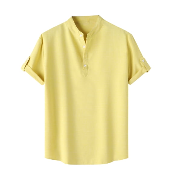 ZCFZJW Mens Casual Henley Shirts Trendy Button up Short Sleeve Workout T-Shirts Lapel Collared V Neck Plain Tees Shirt Holiday Vacation Tshirt Tops Yellow XL