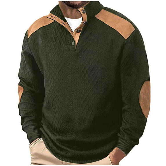 ZCFZJW Mens Casual Knitted Pullover Sweater Quarter Button up Long Sleeve Stand Collar Vintage Color Block Button Sweaters with Elbow Patches Army Green L
