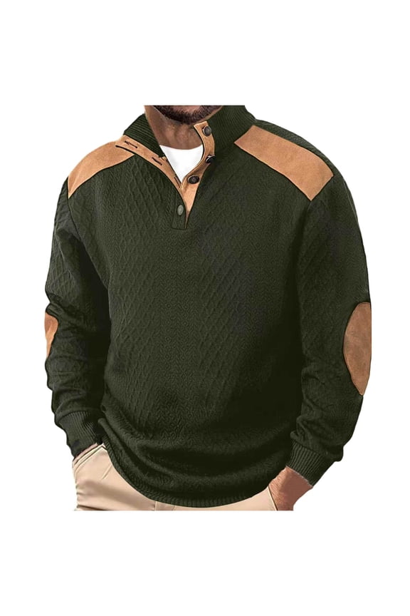Mens Casual Knitted Pullover Sweater Quarter Button up Long Sleeve Stand Collar Vintage Color Block Button Sweaters with Elbow Patches Army Green S