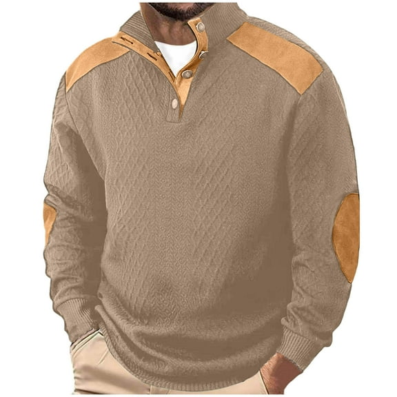 ZCFZJW Mens Casual Knitted Pullover Sweater Quarter Button up Long Sleeve Stand Collar Vintage Color Block Button Sweaters with Elbow Patches Khaki XL