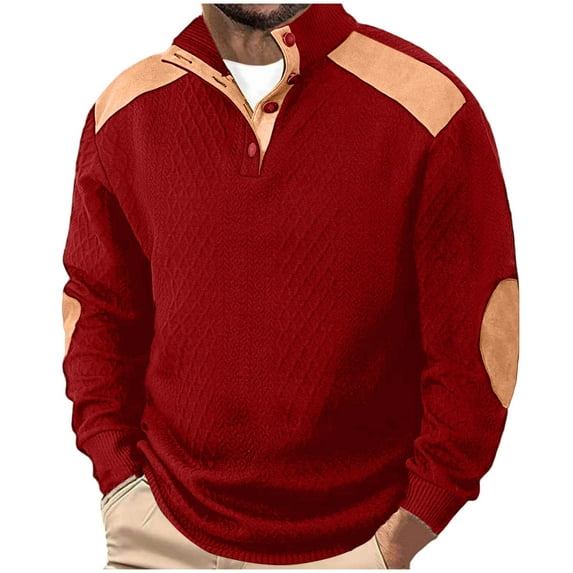 ZCFZJW Mens Casual Knitted Pullover Sweater Quarter Button up Long Sleeve Stand Collar Vintage Color Block Button Sweaters with Elbow Patches Red XXXL