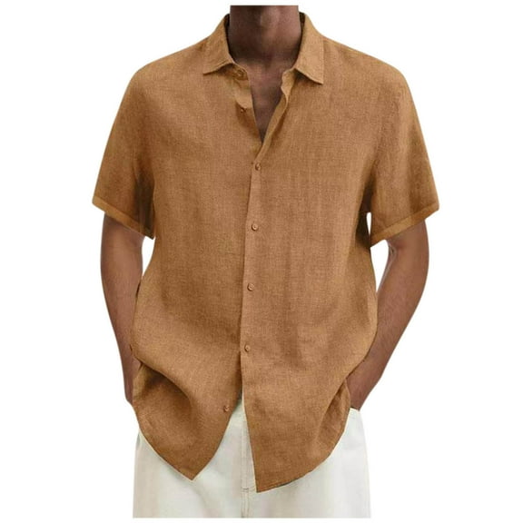 ZCFZJW Mens Casual Linen Cotton Button Down Short Sleeve Shirts Cuban Camp Guayabera Beach Tops Trendy Solid Color Regular Fit Collared T-Shirts Khaki XXXL