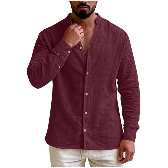 ZCFZJW Mens Casual Linen Shirts Long Sleeve Button Down Banded Collar Summer Beach Vacation Tees Shirt Trendy V Neck Tshirt Tops Wine XL