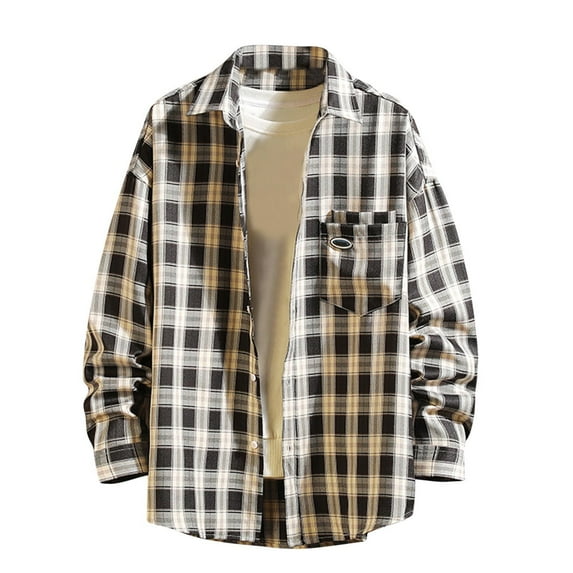 ZCFZJW Mens Casual Long Sleeve Button Down Plaid Shirts Cotton Regular Fit Leisure T Shirt Topsp Fall Winter Lightweight Thin Jacket with Pockets Black XXL