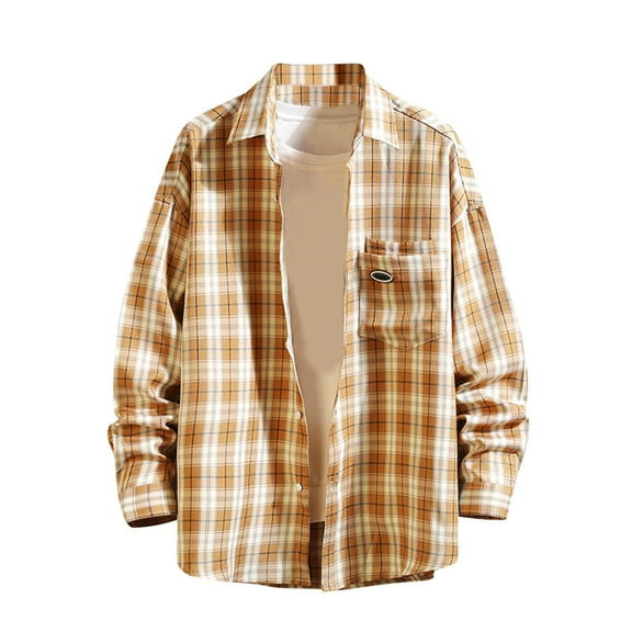 ZCFZJW Mens Casual Long Sleeve Button Down Plaid Shirts Cotton Regular Fit Leisure T Shirt Topsp Fall Winter Lightweight Thin Jacket with Pockets Yellow XXXL