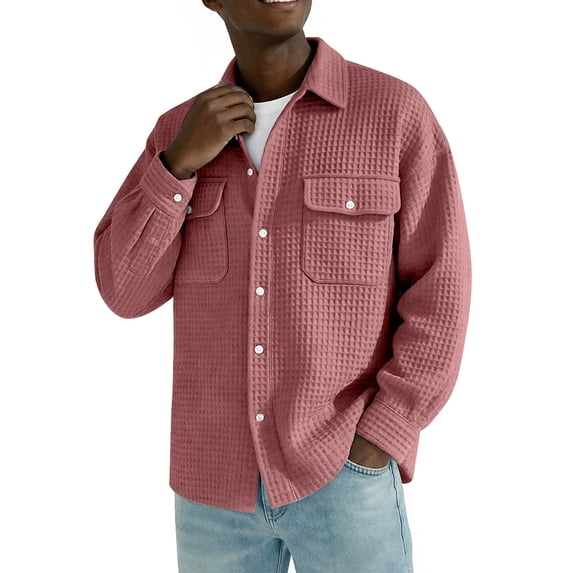 ZCFZJW Mens Casual Shirt Jacket Lightweight Thin Spring Summer Button Down Waffle Collared T-Shirts Long Sleeve Sweater Jackets Shacket Overshirt Tops with Pockets Watermelon Red XXXL