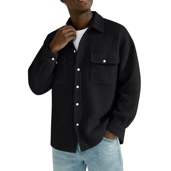 ZCFZJW Mens Casual Shirt Jacket Lightweight Thin Spring Summer Button Down Waffle Collared T-Shirts Long Sleeve Sweater Jackets Shacket Overshirt Tops with Pockets Black XXXL