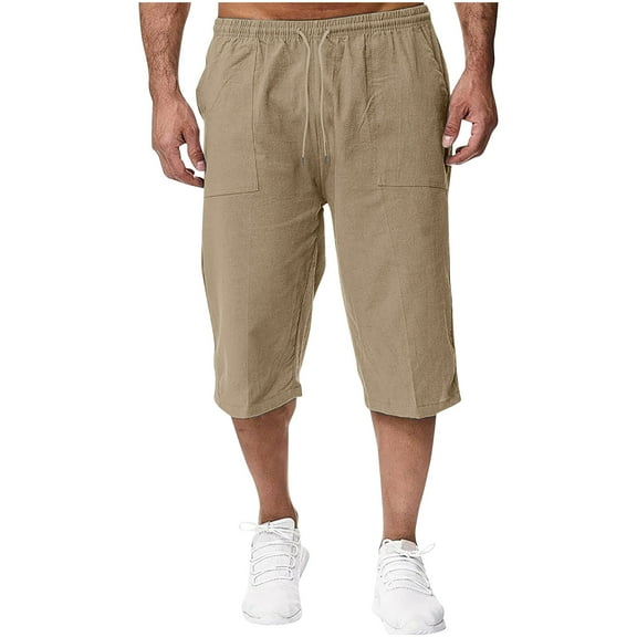 ZCFZJW Mens Casual Soft Linen Long Shorts Drawstring Elastic Waist Cotton Knee Length Sport Running Lounge Work Shorts Capri Pant Khaki M