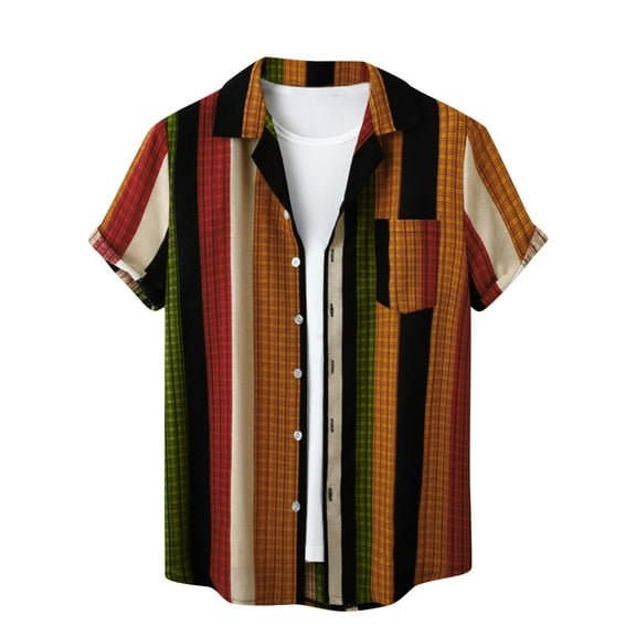 ZCFZJW Mens Casual Striped Button Shirts Summer Short Sleeve Button Down Graphic Tees Big and Tall Regular Fitted Tees Beach Holiday Hawaiian Shirts with Pocket Z01-Yellow L