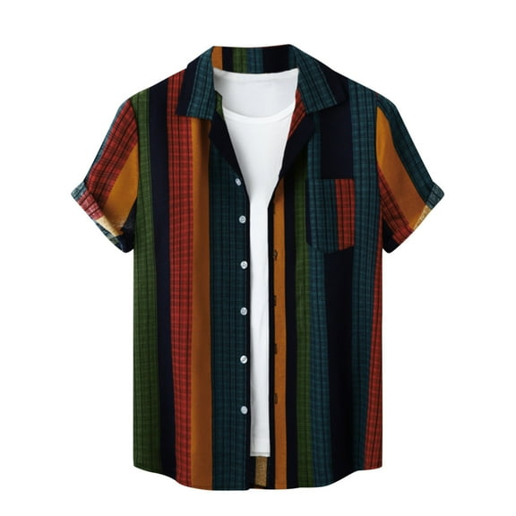 ZCFZJW Mens Casual Striped Button Shirts Summer Short Sleeve Button Down Graphic Tees Big and Tall Regular Fitted Tees Beach Holiday Hawaiian Shirts with Pocket Z01-Green XL