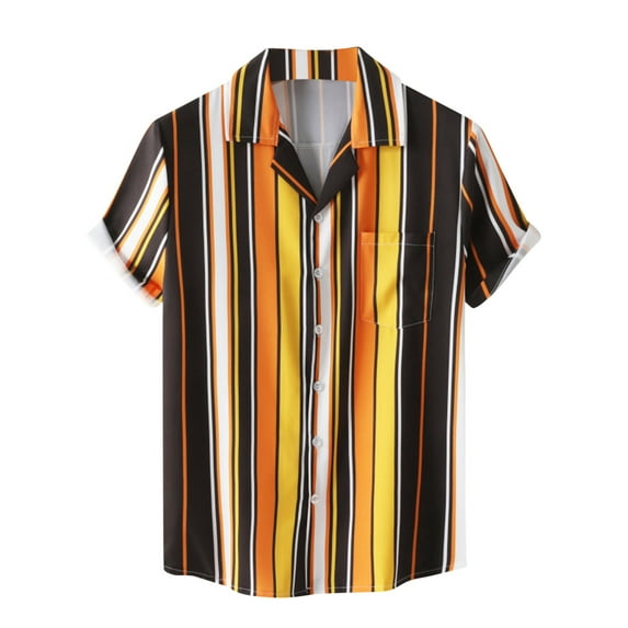 ZCFZJW Mens Casual Striped Button Shirts Summer Short Sleeve Button Down Graphic Tees Big and Tall Regular Fitted Tees Beach Holiday Hawaiian Shirts with Pocket Z02-Brown L