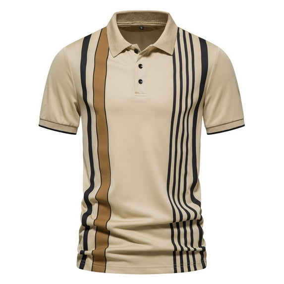 ZCFZJW Mens Casual Striped Golf Pola Shirts Summer Short Sleeve Lapel Button Down V Neck Graphic Tshirt Tops Loose Regular Fit Comfy Pullover Tops Khaki L