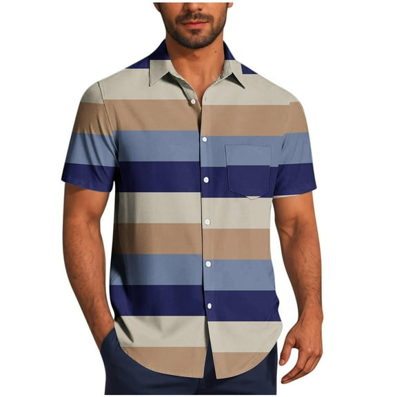 ZCFZJW Mens Casual Striped Shirts Button Down Short Sleeve Summer Hawaiian Shirt Loose Regular Fit Hippie Beach Vacation Tops with Pockets Multicolor S