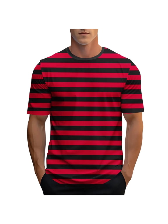 Mens Casual Striped T-Shirts Loose Regular Fit Summer Short Sleeve Crew Neck Basic Workout Tee Shirt Tops Trendy Oversized Comfy Pullovers Red XXL