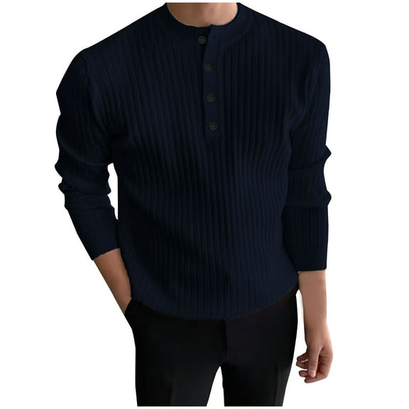 ZCFZJW Mens Casual Waffle Knit Striped Shirts Lightweight Solid Color Long Sleeve Button Down V Neck Henley T-Shirts Trendy Workout Pullover Tops Navy L