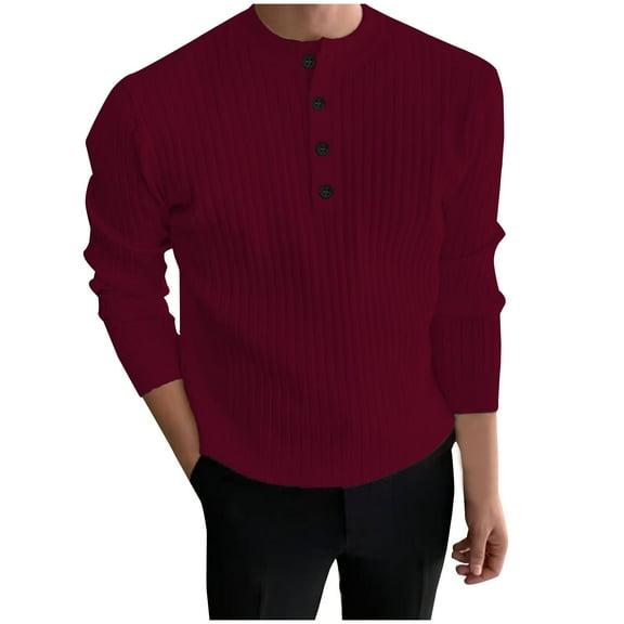 ZCFZJW Mens Casual Waffle Knit Striped Shirts Lightweight Solid Color Long Sleeve Button Down V Neck Henley T-Shirts Trendy Workout Pullover Tops Wine L