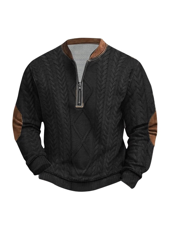 Mens Casual Zip up Henley Sweater Tops Trendy Oversized Solid Color Twist Cable Knit Long Sleeve Pullovers Lightweight Comfy Polo Shirts Black XXL