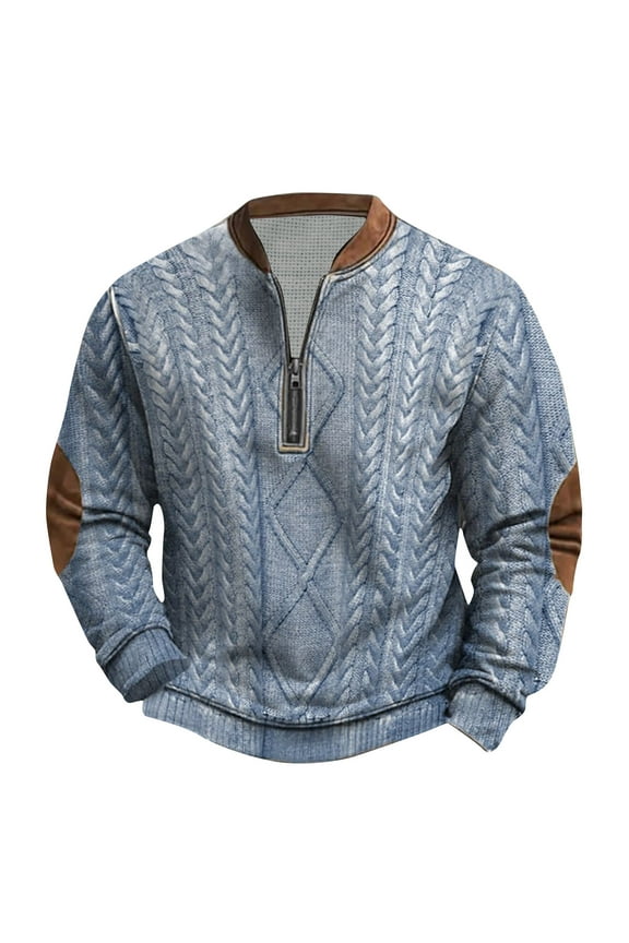 Mens Casual Zip up Henley Sweater Tops Trendy Oversized Solid Color Twist Cable Knit Long Sleeve Pullovers Lightweight Comfy Polo Shirts Blue XXXL
