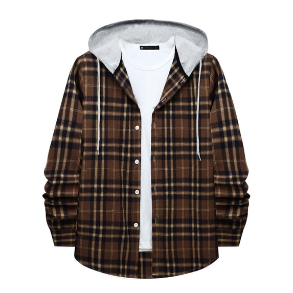 ZCFZJW Mens Classic Plaid Long Sleeve Hooded Shirts Casual Thin Cotton Light Jacket Relaxed Fit Loose Outwear Hoodies Shirt Coffee L