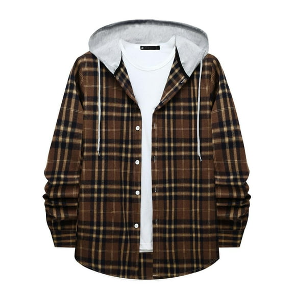 ZCFZJW Mens Classic Plaid Long Sleeve Hooded Shirts Casual Thin Cotton Light Jacket Relaxed Fit Loose Outwear Hoodies Shirt Coffee L