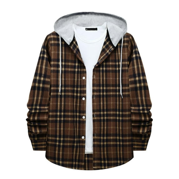 ZCFZJW Mens Classic Plaid Long Sleeve Hooded Shirts Casual Thin Cotton Light Jacket Relaxed Fit Loose Outwear Hoodies Shirt Coffee XXL