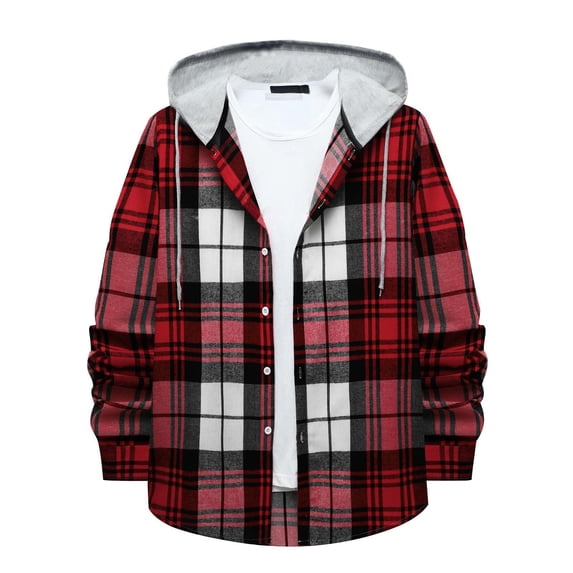 ZCFZJW Mens Classic Plaid Long Sleeve Hooded Shirts Casual Thin Cotton Light Jacket Relaxed Fit Loose Outwear Hoodies Shirt Red S