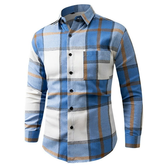 ZCFZJW Mens Classic Slim Fit Flannel Camp Shirts Lightweight Vintage Long Sleeve Casual Button Down Brush Plaid Western Shirts Jackets Blue M