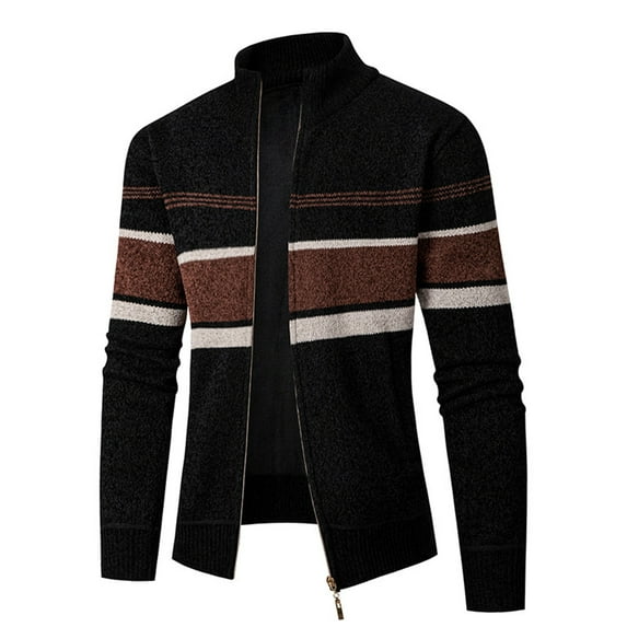 ZCFZJW Mens Color Block Knitted Sweater Tops Lightweight Casual Striped Print Full Zip up Long Sleeve Open Front Cardigan Jacket Outwear Tops with Pockets Black XXL