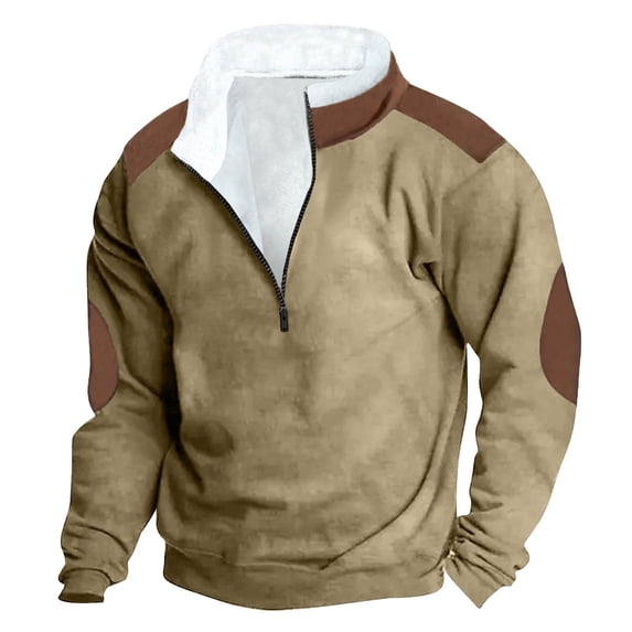 ZCFZJW Mens Color Block Print 1/4 Zip up Jackets Big and Tall Regular Fit Casual Elbow Patch Long Sleeve Stand Collar Sherpa Fleece Lined Warm Pullover Sweatshirts Tops Khaki S
