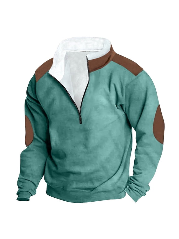 Mens Color Block Print 1/4 Zip up Jackets Big and Tall Regular Fit Casual Elbow Patch Long Sleeve Stand Collar Sherpa Fleece Lined Warm Pullover Sweatshirts Tops Blue XXL