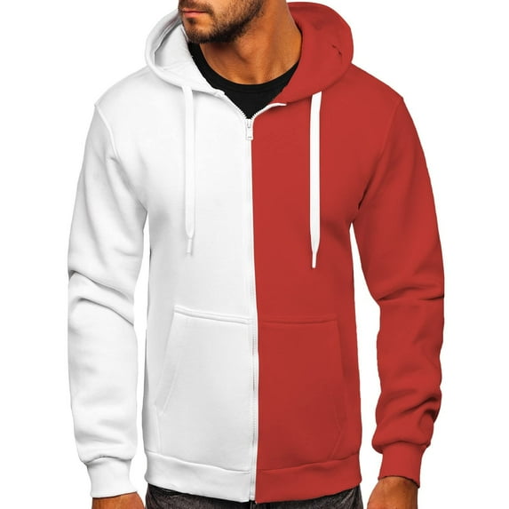 ZCFZJW Mens Color Block Print Hoodie Tops Long Sleeve Zip Up Drawstring Hooded Sweatshirts Lightweight Cozy Pullover Coat with Pockets Red XXL