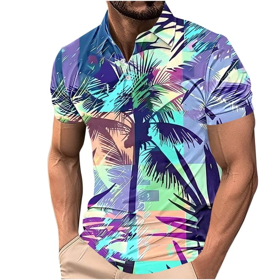 ZCFZJW Mens Color Contrast Print Summer Beach Hawaiian Shirts Casual Short Sleeve Button up V Neck Collar T-Shirts Trendy Workout Gym Polo Shirts Multicolor#01 XXL