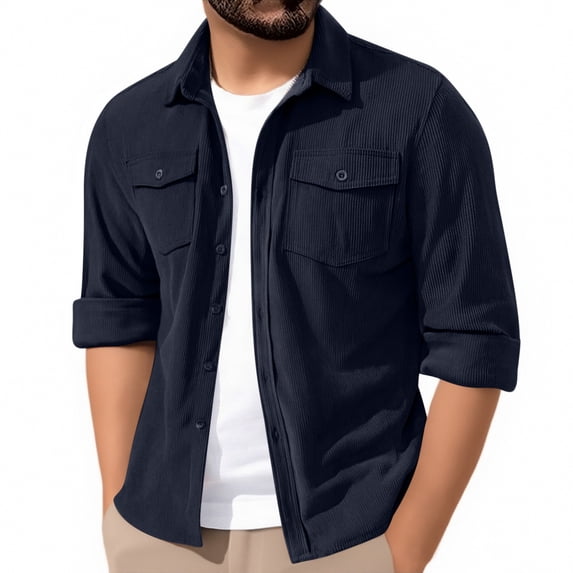 ZCFZJW Mens Corduroy Button Down Shirts Spring Fall Lightweight Long Sleeve Work Business Shirt Outdoor Shacket Jacket Western Shirts with Flap Pockets Navy XXL