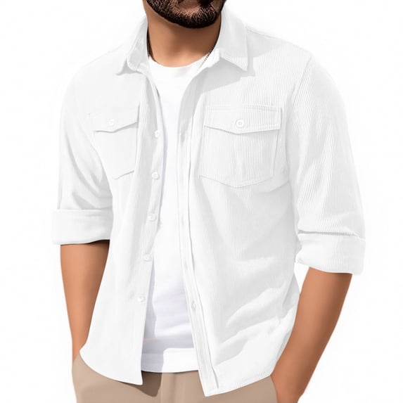 ZCFZJW Mens Corduroy Button Down Shirts Spring Fall Lightweight Long Sleeve Work Business Shirt Outdoor Shacket Jacket Western Shirts with Flap Pockets White XXXL