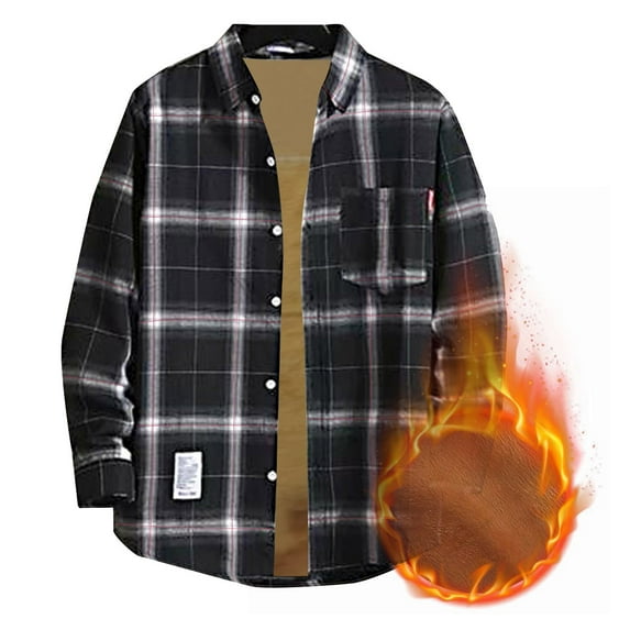 ZCFZJW Mens Corduroy Fleece Lined Flannel Shirt Jackets Sherpa Lined Button Down Long Sleeve Shackets Vintage Plaid Coats with Pockets Black XXL