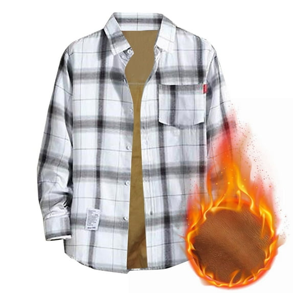 ZCFZJW Mens Corduroy Fleece Lined Flannel Shirt Jackets Sherpa Lined Button Down Long Sleeve Shackets Vintage Plaid Coats with Pockets White XXXL