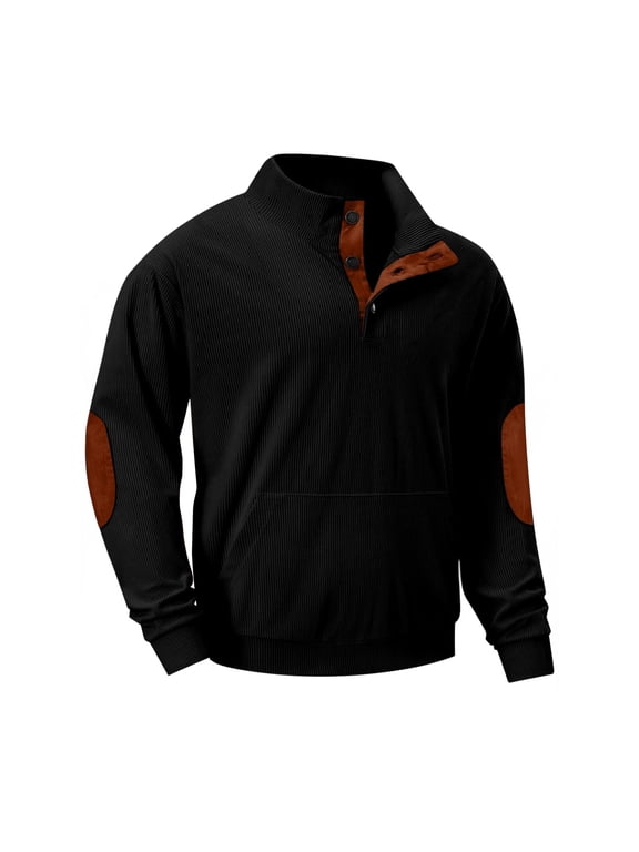 Mens Corduroy Henley Sweatshirts Lightweight Casual Fall Winter Long Sleeve 1/4 Button up Polo Sweaters Loose Regular Fit Comfy Thermal Jacket with Pockets Black L