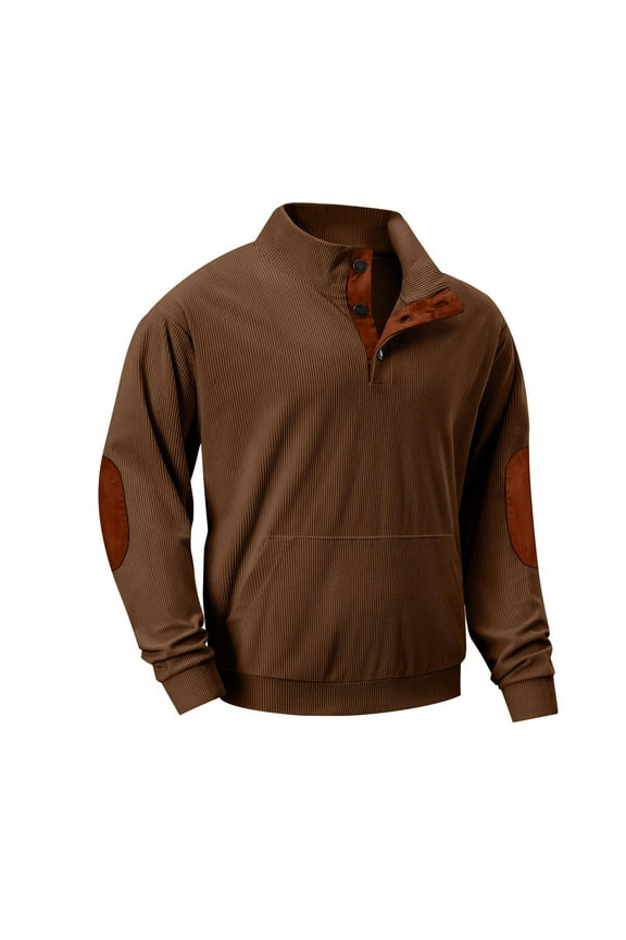 Mens Corduroy Henley Sweatshirts Lightweight Casual Fall Winter Long Sleeve 1/4 Button up Polo Sweaters Loose Regular Fit Comfy Thermal Jacket with Pockets Khaki XXXL