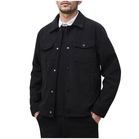 ZCFZJW Mens Corduroy Jacket Windbreaker Casual Button Shacket Outerwear Fall Winter Long Sleeve Thick Warm Big and Tall Regular Fit Cotton Coat with Pockets Black XL