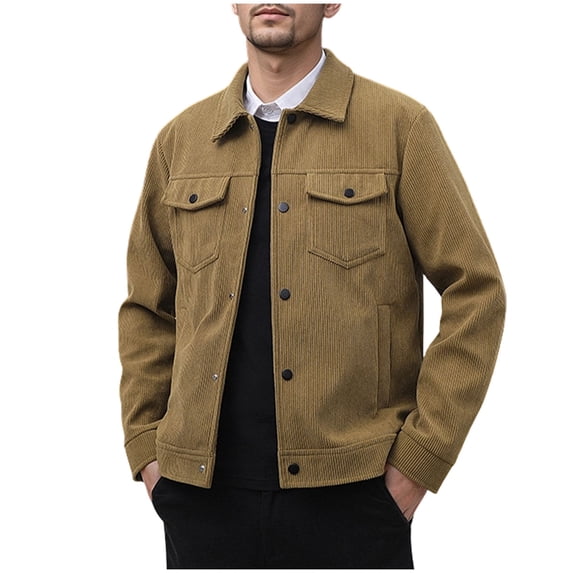 ZCFZJW Mens Corduroy Jacket Windbreaker Casual Button Shacket Outerwear Fall Winter Long Sleeve Thick Warm Big and Tall Regular Fit Cotton Coat with Pockets Khaki L