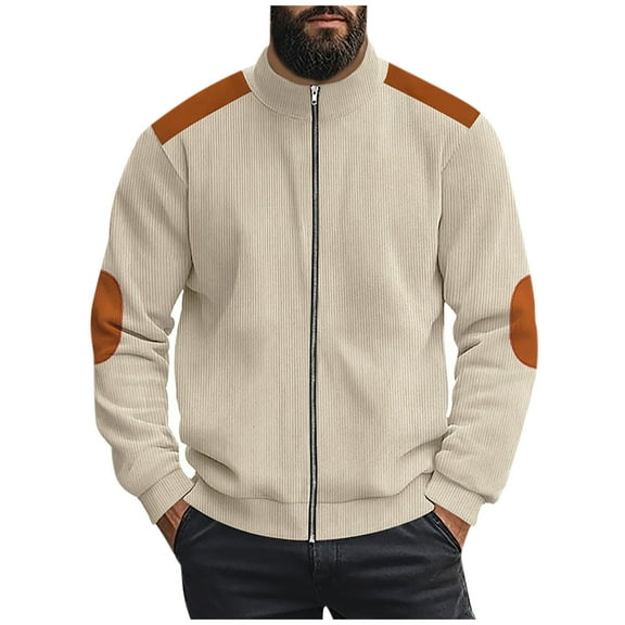 ZCFZJW Mens Corduroy Jackets Casual Solid Color Long Sleeve Full Zip up Stand Collar Cardigan Outwear Tops Loose Regular Fit Cotton Windbreaker with Elbow Patch Beige L