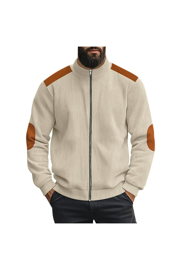 Mens Corduroy Jackets Casual Solid Color Long Sleeve Full Zip up Stand Collar Cardigan Outwear Tops Loose Regular Fit Cotton Windbreaker with Elbow Patch Beige L