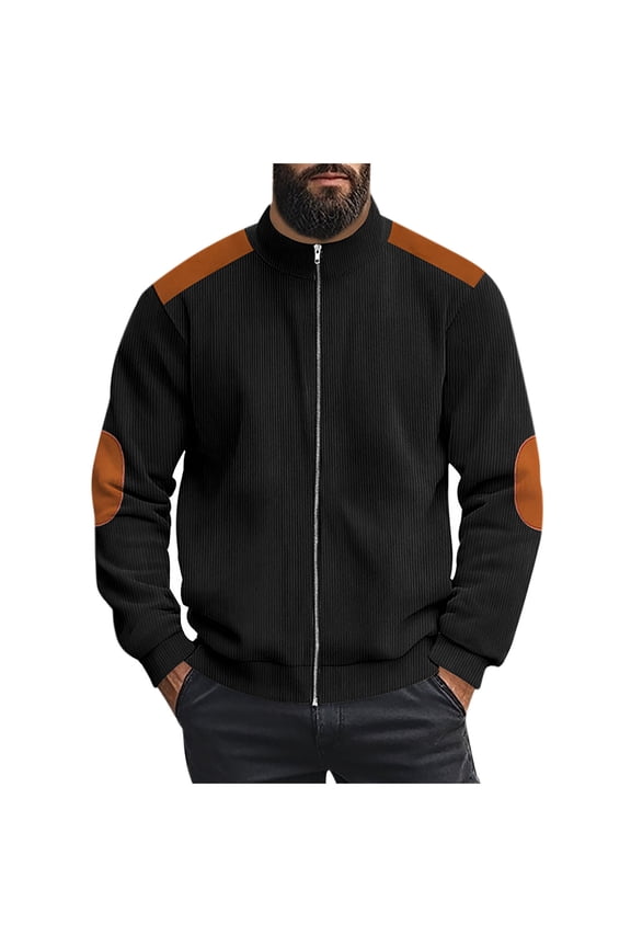 Mens Corduroy Jackets Casual Solid Color Long Sleeve Full Zip up Stand Collar Cardigan Outwear Tops Loose Regular Fit Cotton Windbreaker with Elbow Patch Black L