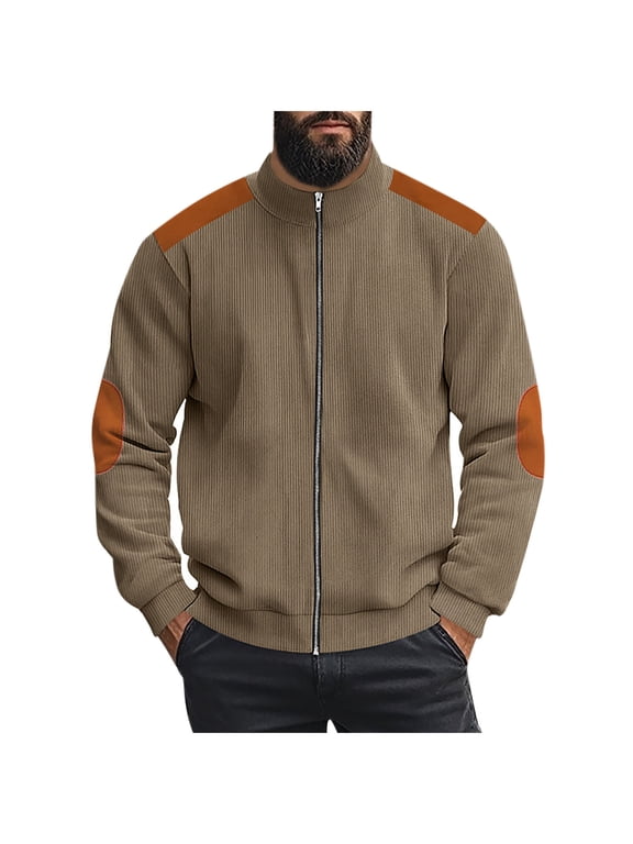 Mens Corduroy Jackets Casual Solid Color Long Sleeve Full Zip up Stand Collar Cardigan Outwear Tops Loose Regular Fit Cotton Windbreaker with Elbow Patch Coffee M