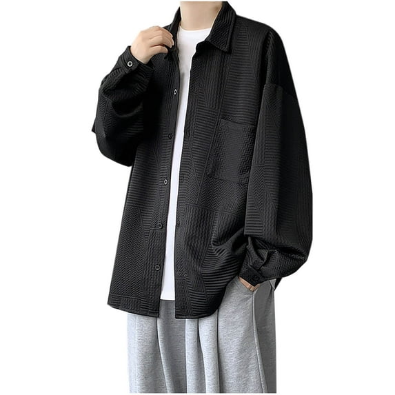 ZCFZJW Mens Corduroy Shirts Casual Waffle Striped Knit Long Sleeve Button Down T-Shirts Big and Tall Regular Fit Comfy Solid Color Basic Workout Jacket Tops Black L